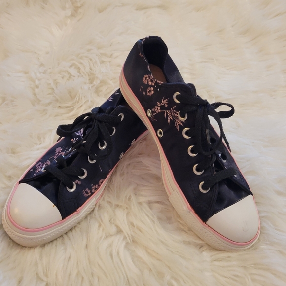 Converse All Stars Pink Floral & Black Satin Sneakers - Picture 3 of 7